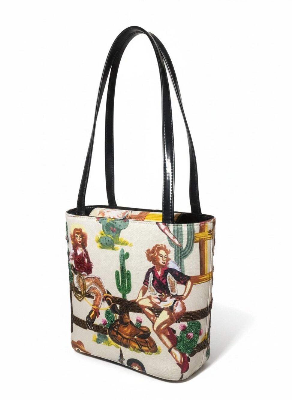 Western Cowgirl Tote Bag Multicolor Beaded Calico Lined Attached Mini Bag NWOT